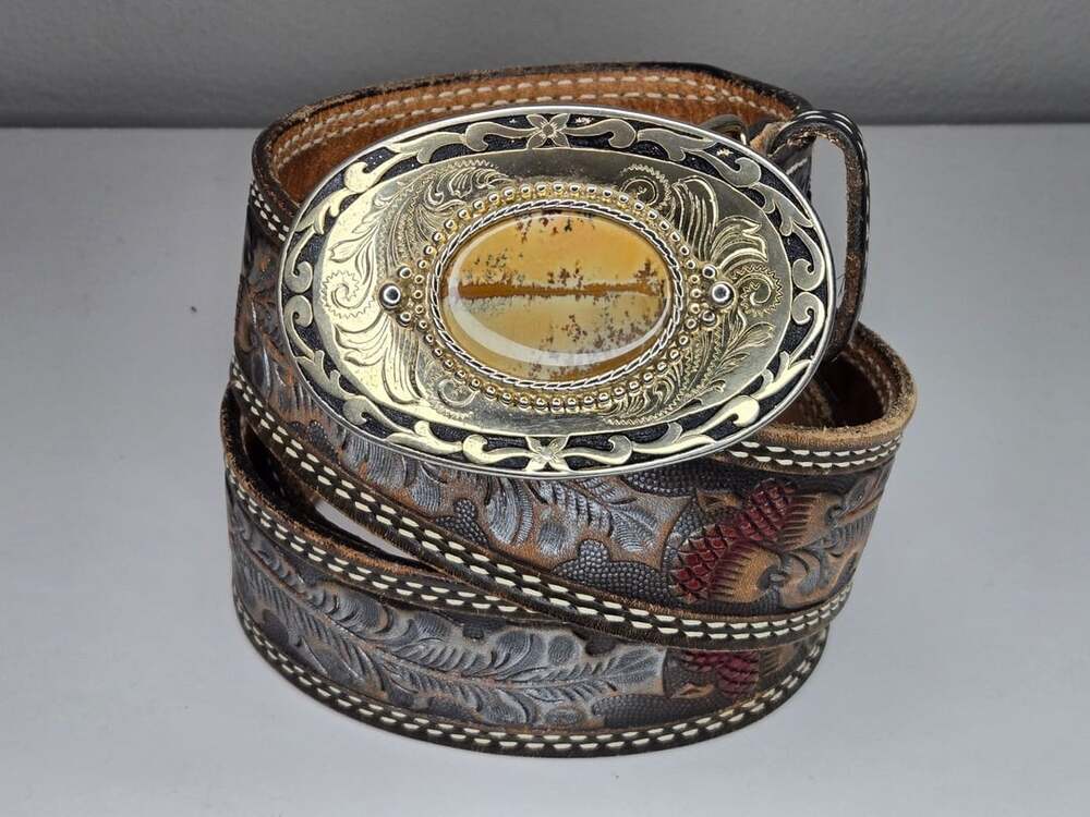 Textan Tooled Leather Belt Size 36 With Stone Buckle